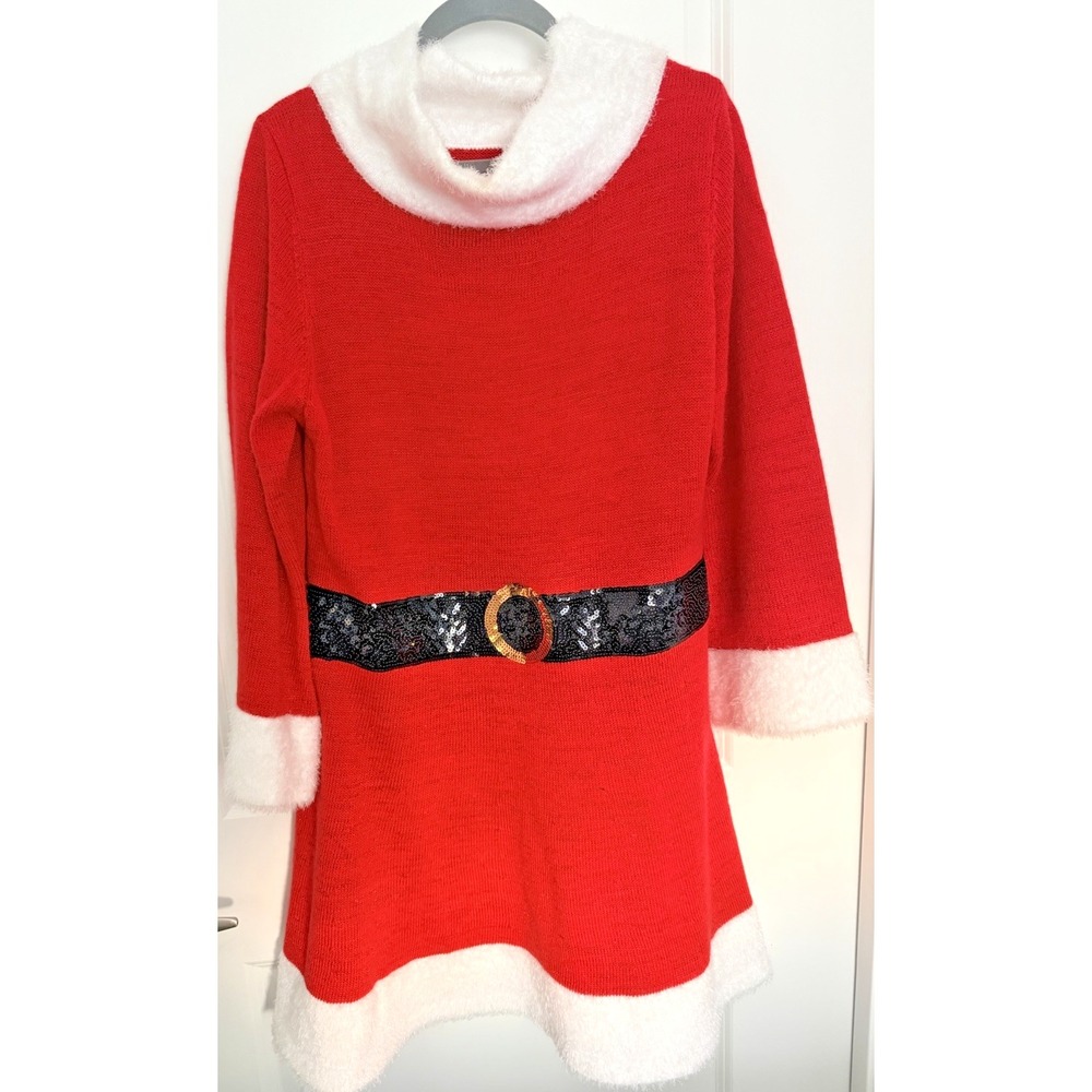 VTG Mrs Claus Sweater Dress XL 16–18 Red White Feather Yarn Trim Sequin Belt EUC